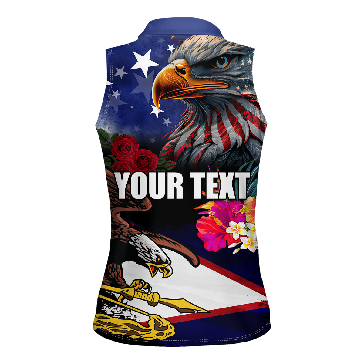 Personalised United States and American Samoa Women Sleeveless Polo Shirt Bald Eagle Rose and Hibiscus Flower - Wonder Print Shop