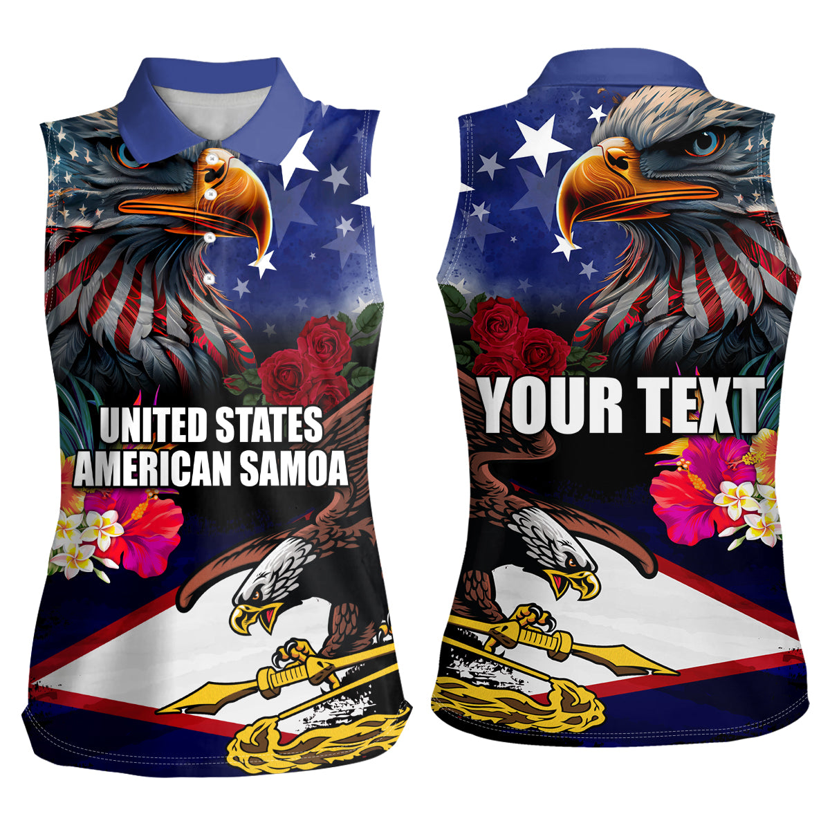 Personalised United States and American Samoa Women Sleeveless Polo Shirt Bald Eagle Rose and Hibiscus Flower - Wonder Print Shop