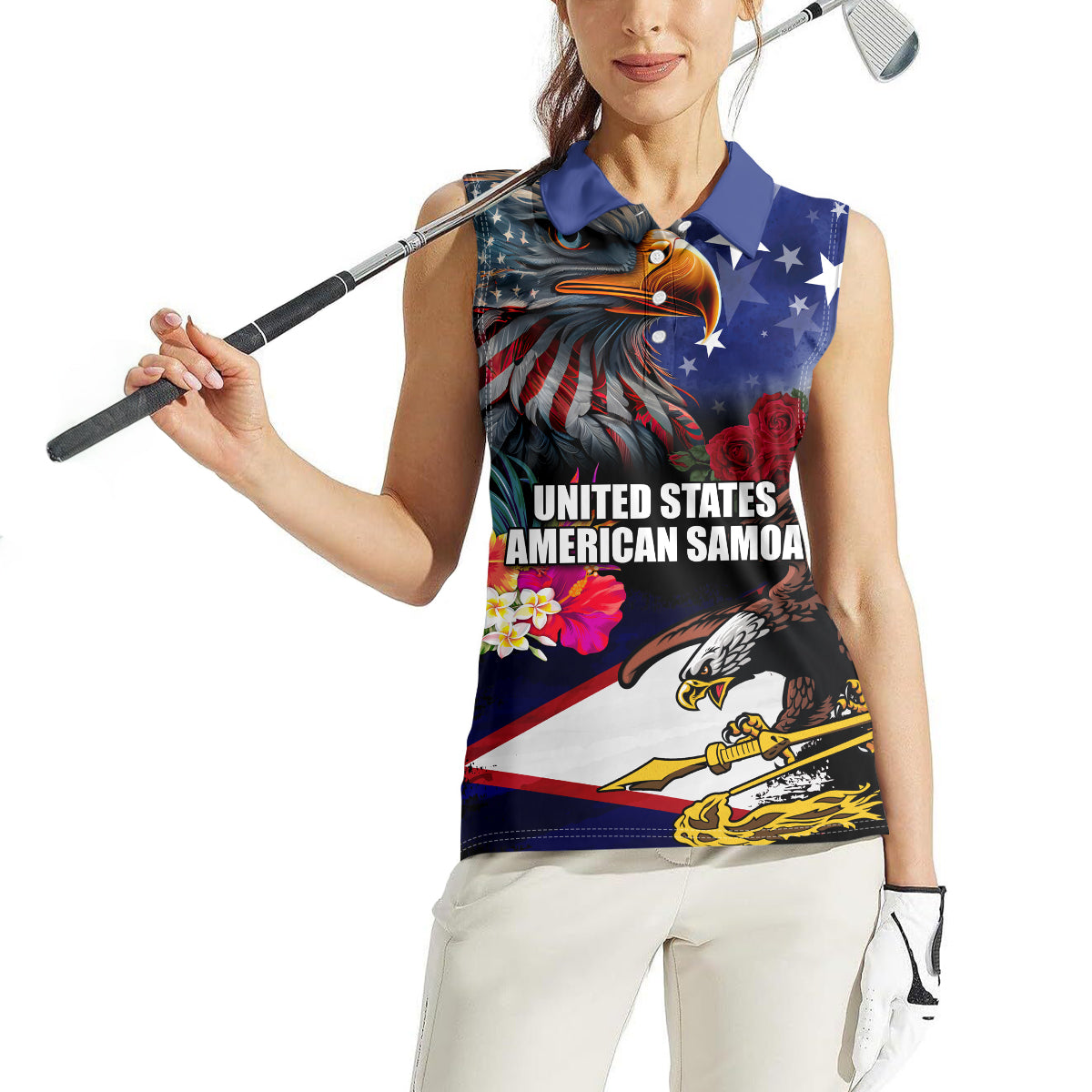 Personalised United States and American Samoa Women Sleeveless Polo Shirt Bald Eagle Rose and Hibiscus Flower - Wonder Print Shop