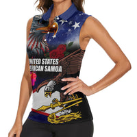 Personalised United States and American Samoa Women Sleeveless Polo Shirt Bald Eagle Rose and Hibiscus Flower - Wonder Print Shop
