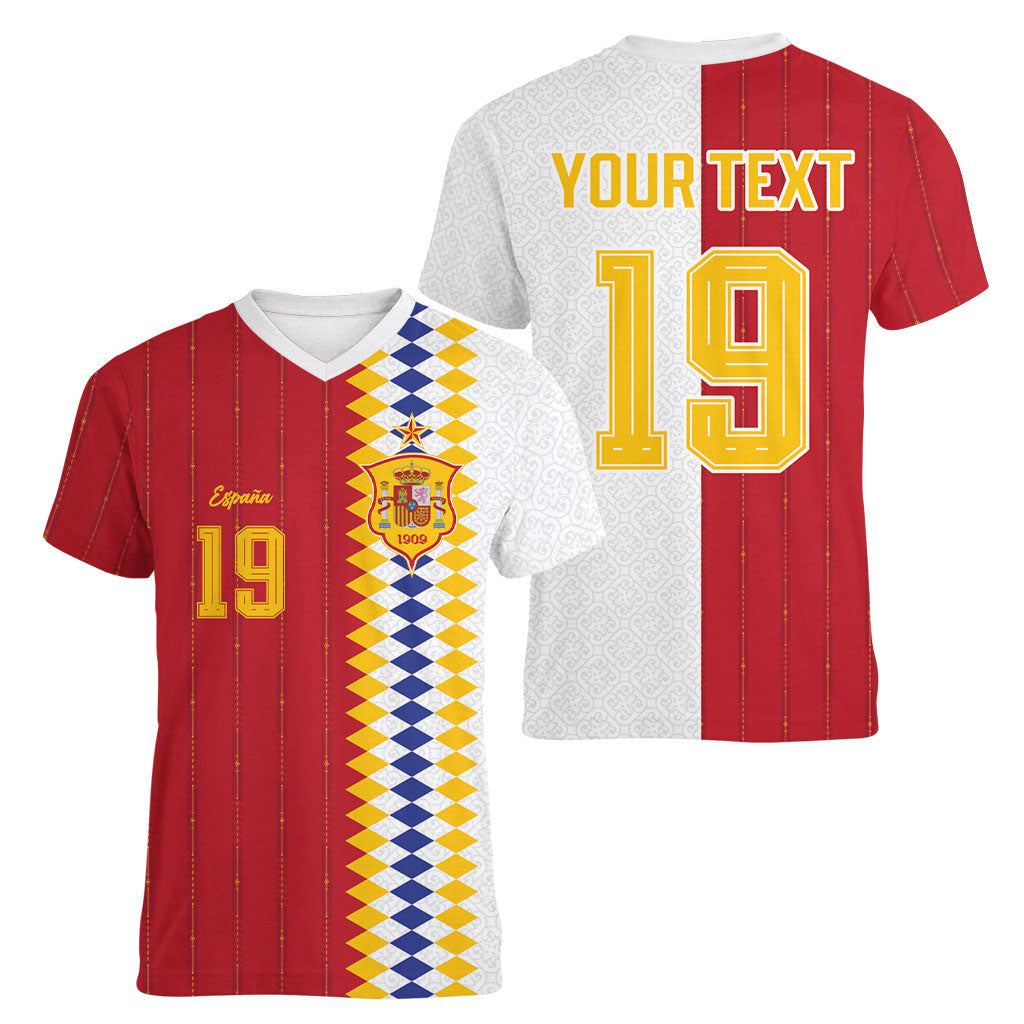 Spain Football 2026 Custom Women V-Neck T-Shirt La Roja Red and White Split