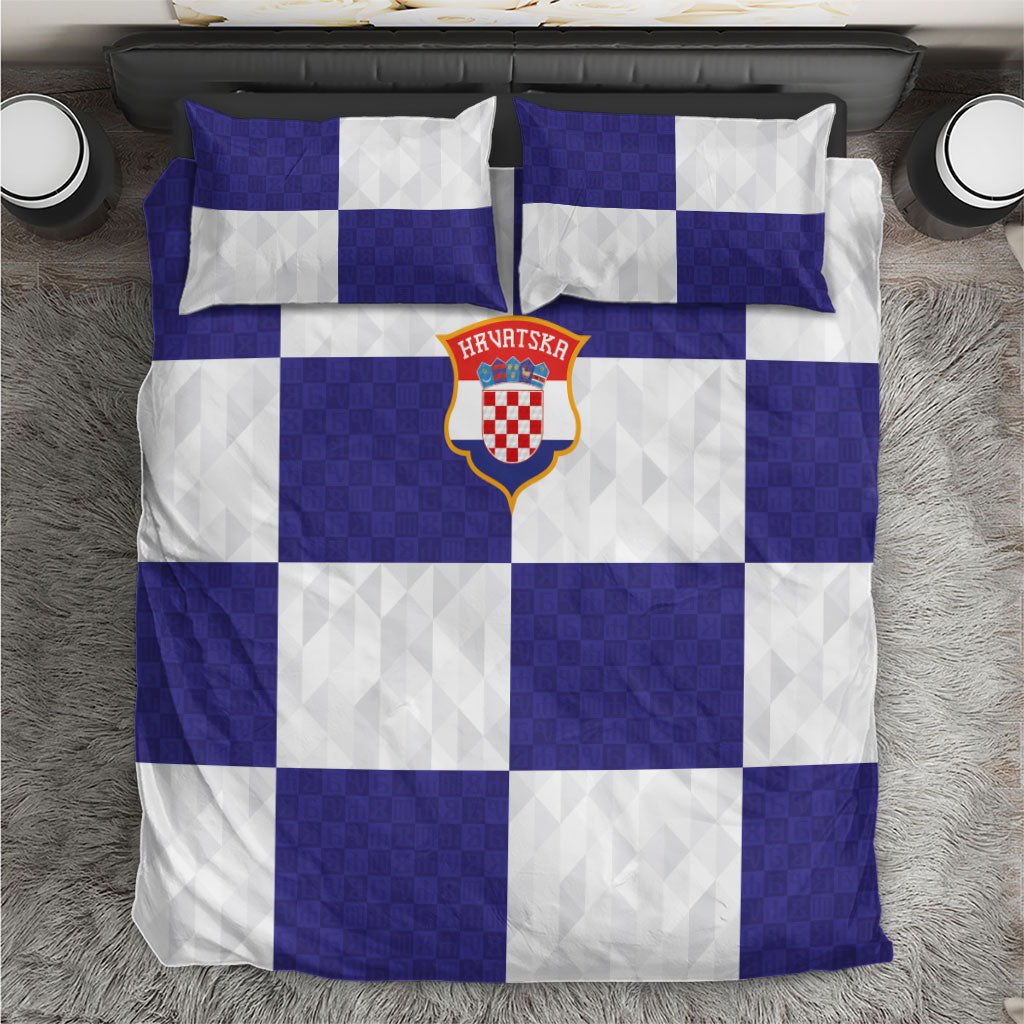 Croatia Football Bedding Set Checkerboard Pattern with Glagolitic Script Away Color