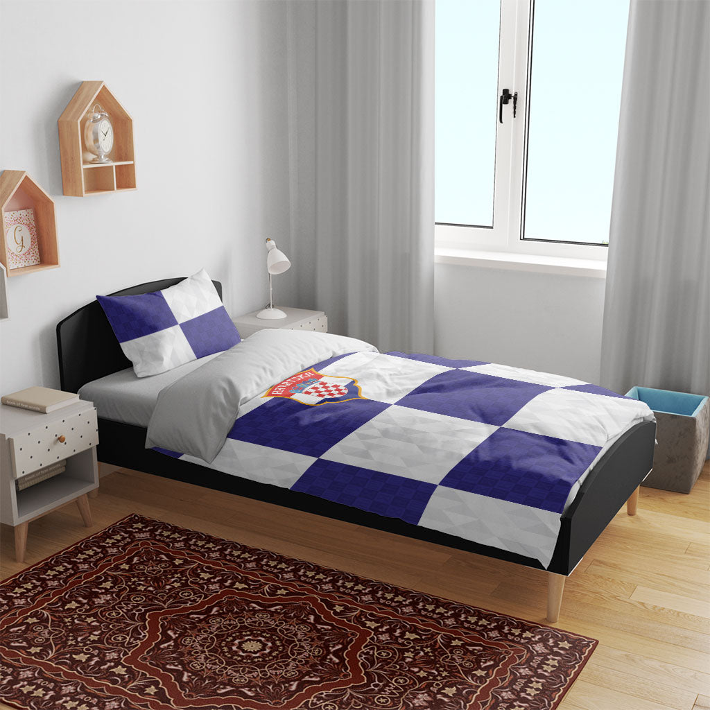 Croatia Football Bedding Set Checkerboard Pattern with Glagolitic Script Away Color