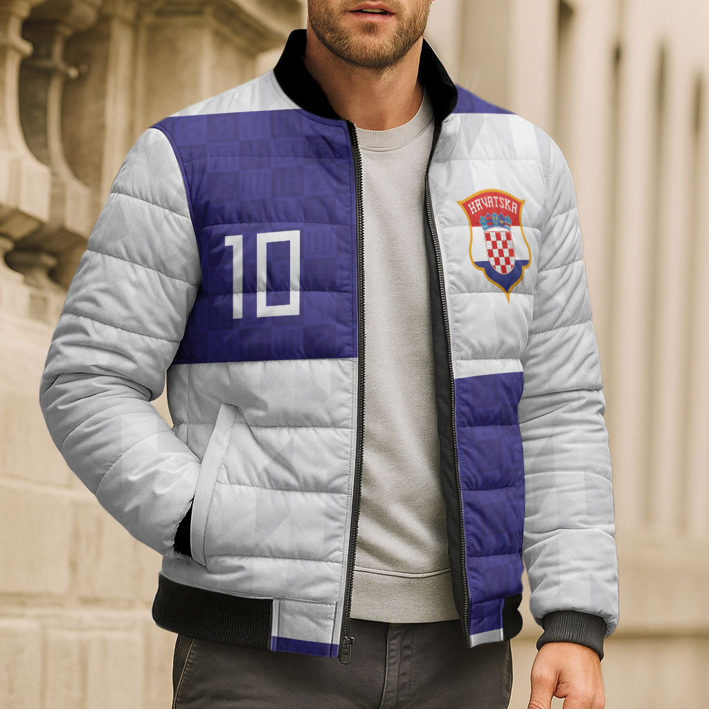 Croatia Football Custom Bomber Puffer Jacket Checkerboard Pattern with Glagolitic Script Away Color