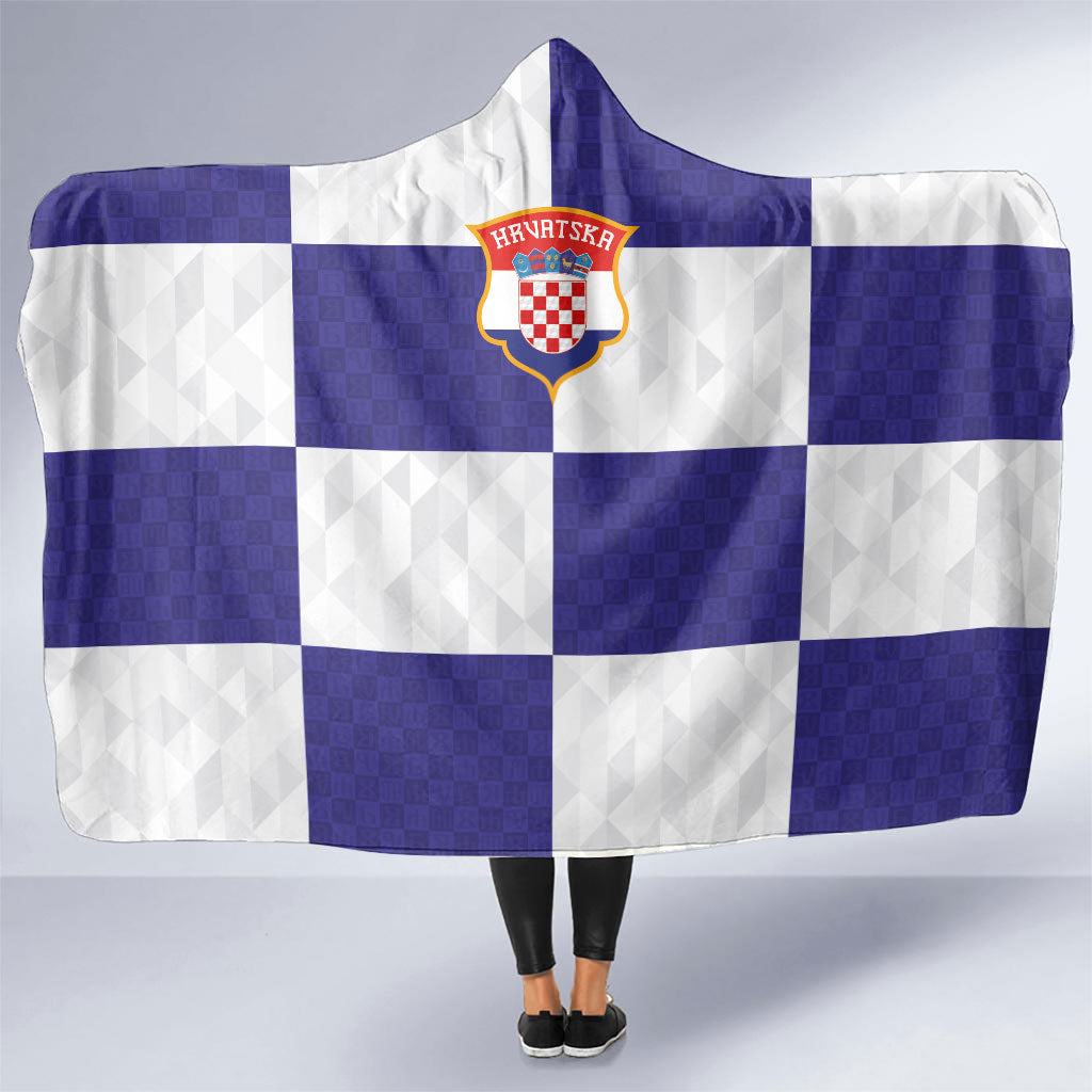 Croatia Football Hooded Blanket Checkerboard Pattern with Glagolitic Script Away Color