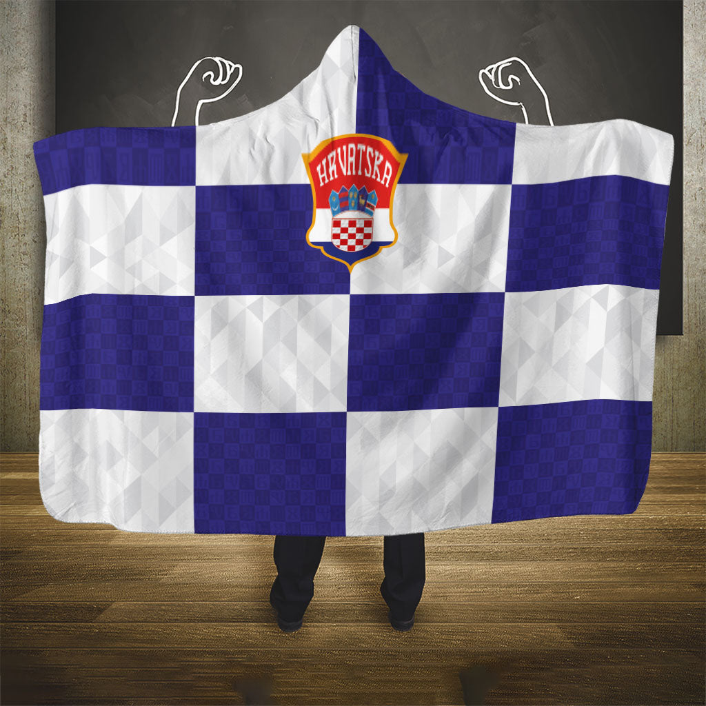 Croatia Football Hooded Blanket Checkerboard Pattern with Glagolitic Script Away Color