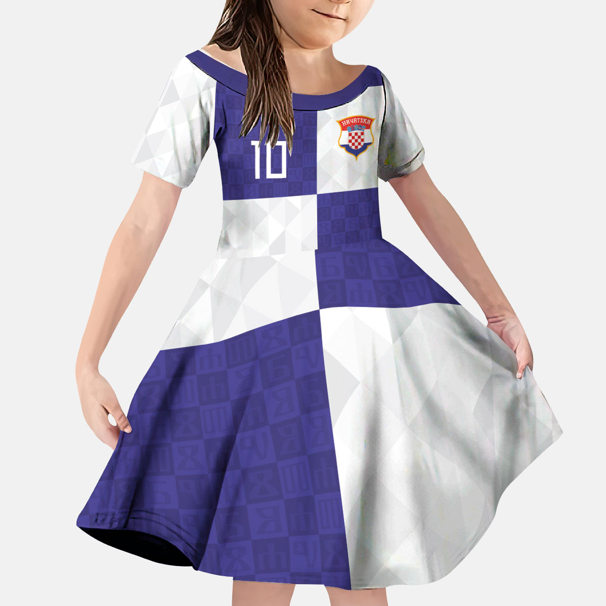Croatia Football Custom Kid Short Sleeve Dress Checkerboard Pattern with Glagolitic Script Away Color