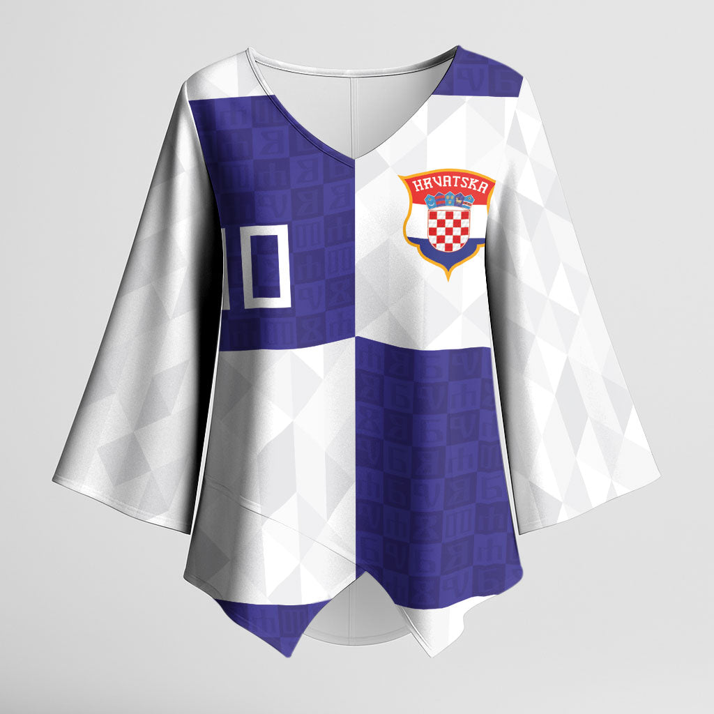 Croatia Football Custom Kimono Sleeve Blouse Checkerboard Pattern with Glagolitic Script Away Color