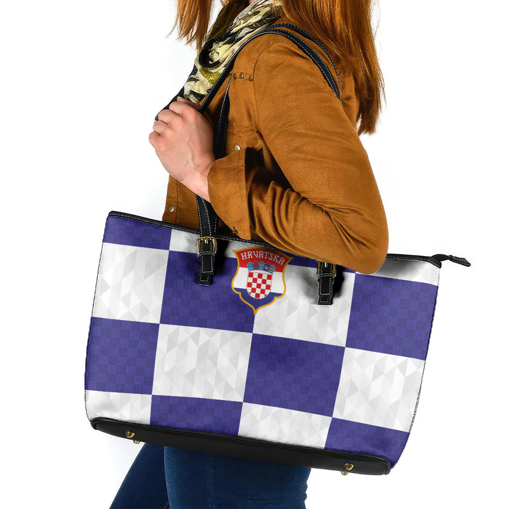 Croatia Football Leather Tote Bag Checkerboard Pattern with Glagolitic Script Away Color