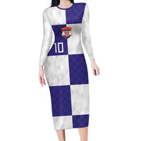 Croatia Football Custom Long Sleeve Bodycon Dress Checkerboard Pattern with Glagolitic Script Away Color