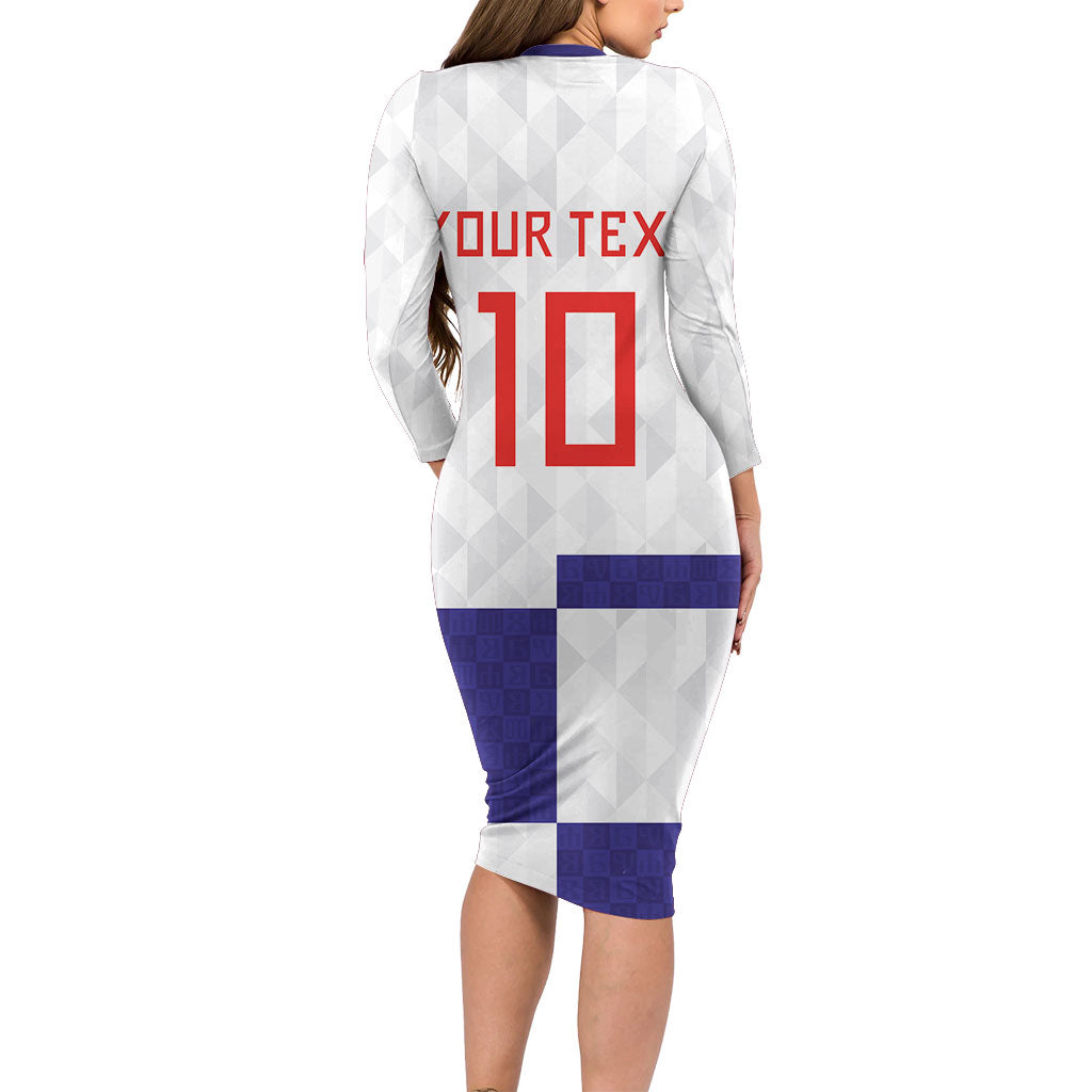 Croatia Football Custom Long Sleeve Bodycon Dress Checkerboard Pattern with Glagolitic Script Away Color