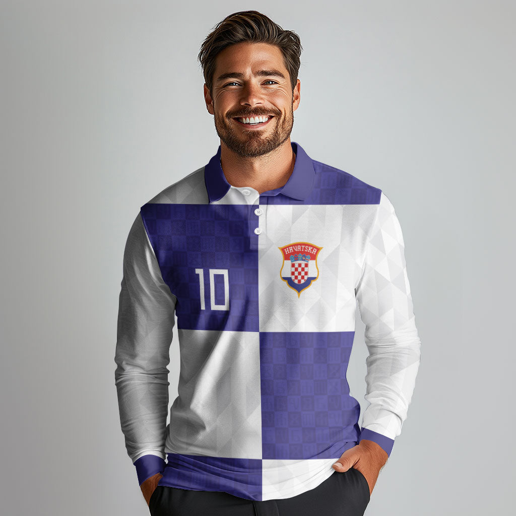 Croatia Football Custom Long Sleeve Polo Shirt Checkerboard Pattern with Glagolitic Script Away Color