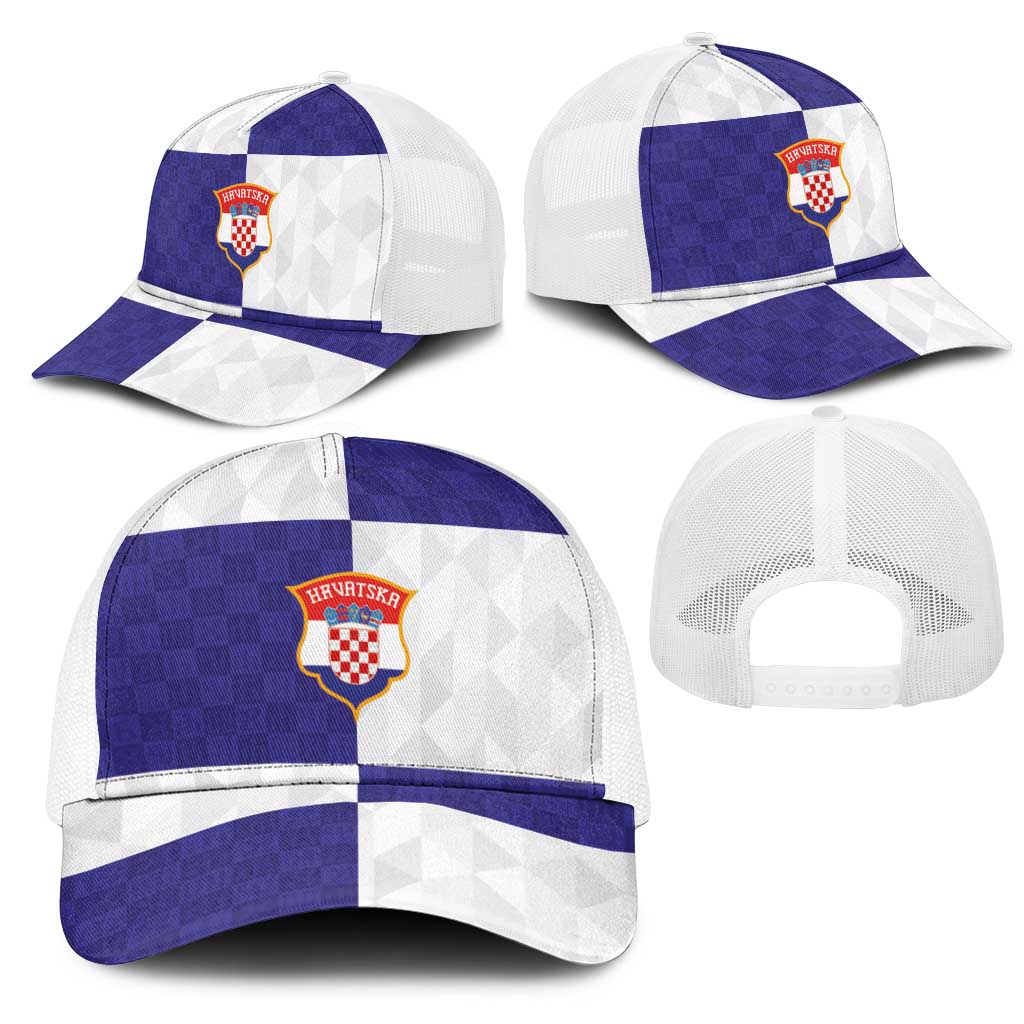 Croatia Football Mesh Trucker Cap Checkerboard Pattern with Glagolitic Script Away Color