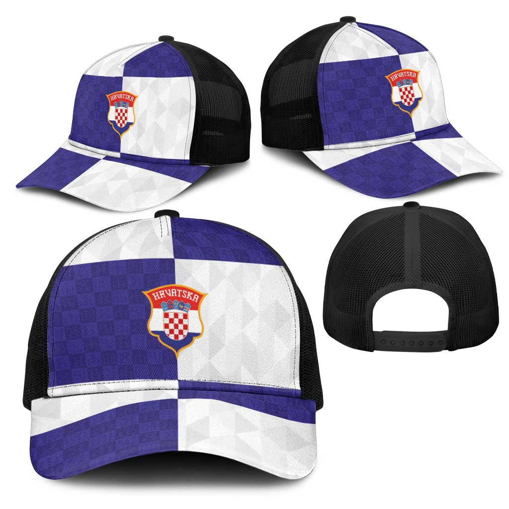 Croatia Football Mesh Trucker Cap Checkerboard Pattern with Glagolitic Script Away Color