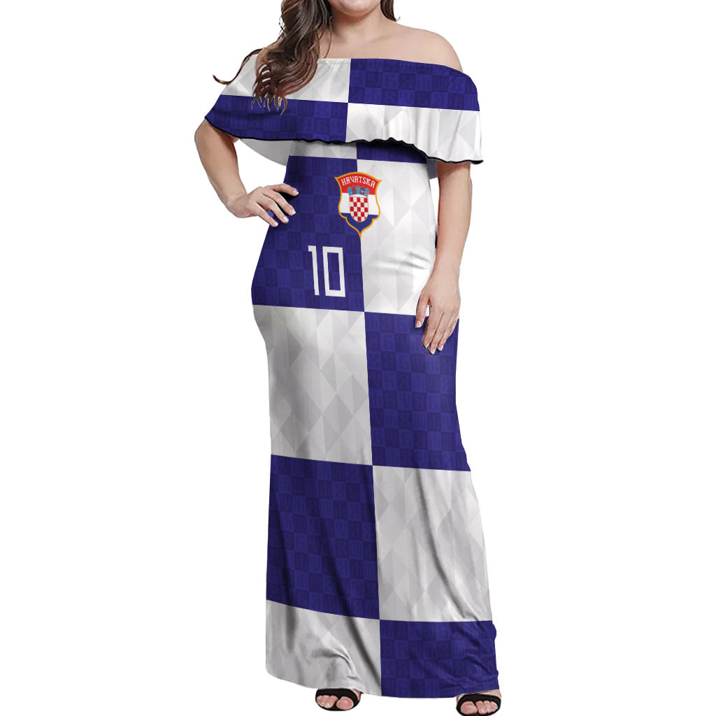 Croatia Football Custom Off Shoulder Maxi Dress Checkerboard Pattern with Glagolitic Script Away Color