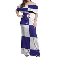 Croatia Football Custom Off Shoulder Maxi Dress Checkerboard Pattern with Glagolitic Script Away Color