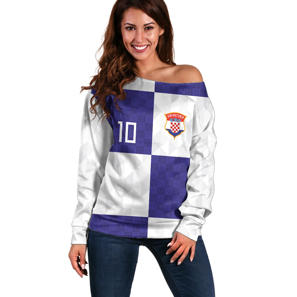 Croatia Football Custom Off Shoulder Sweater Checkerboard Pattern with Glagolitic Script Away Color