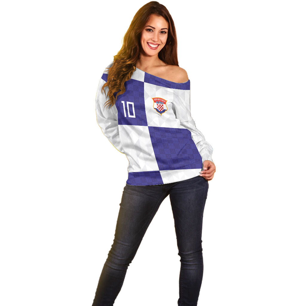 Croatia Football Custom Off Shoulder Sweater Checkerboard Pattern with Glagolitic Script Away Color