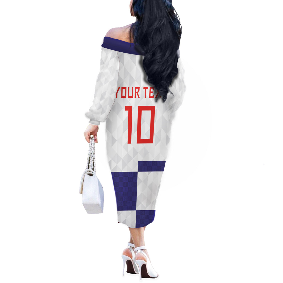 Croatia Football Custom Off The Shoulder Long Sleeve Dress Checkerboard Pattern with Glagolitic Script Away Color