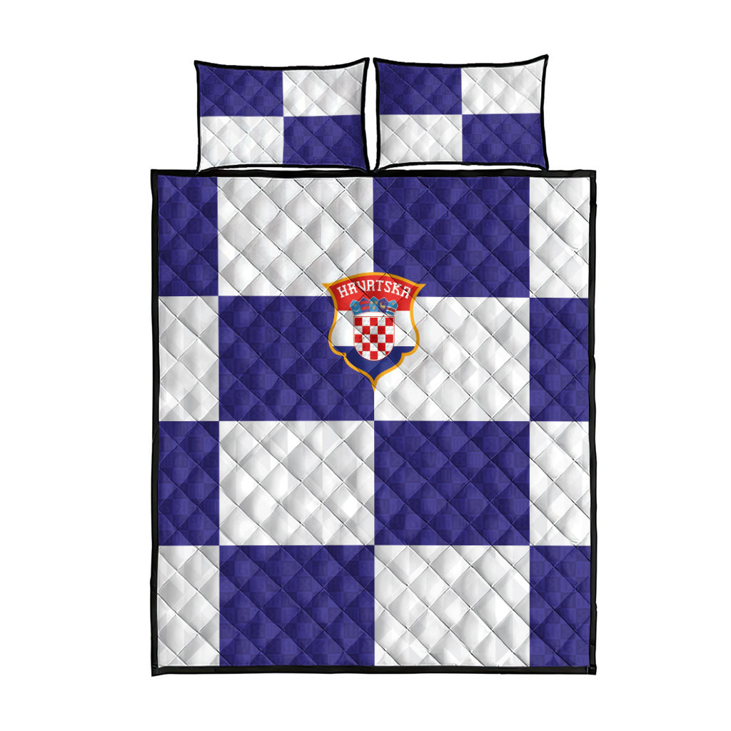 Croatia Football Quilt Bed Set Checkerboard Pattern with Glagolitic Script Away Color