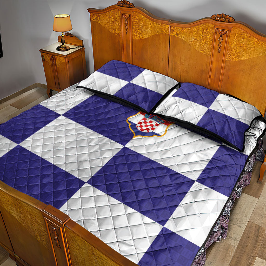Croatia Football Quilt Bed Set Checkerboard Pattern with Glagolitic Script Away Color