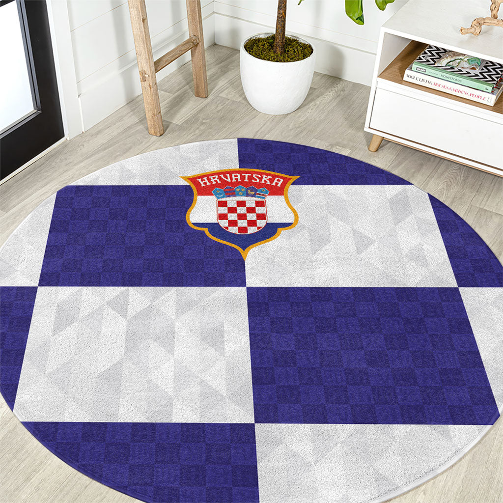 Croatia Football Round Carpet Checkerboard Pattern with Glagolitic Script Away Color