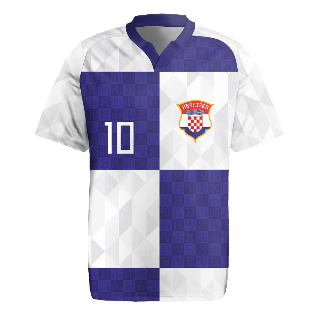Croatia Football Custom Rugby Jersey Checkerboard Pattern with Glagolitic Script Away Color