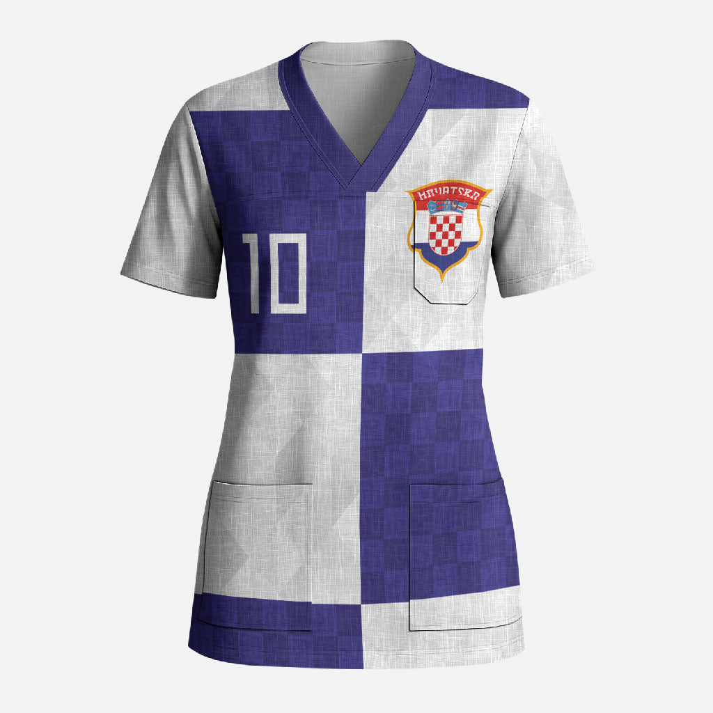 Croatia Football Custom Scrub Top Checkerboard Pattern with Glagolitic Script Away Color