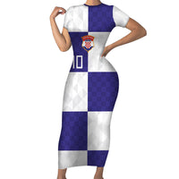 Croatia Football Custom Short Sleeve Bodycon Dress Checkerboard Pattern with Glagolitic Script Away Color