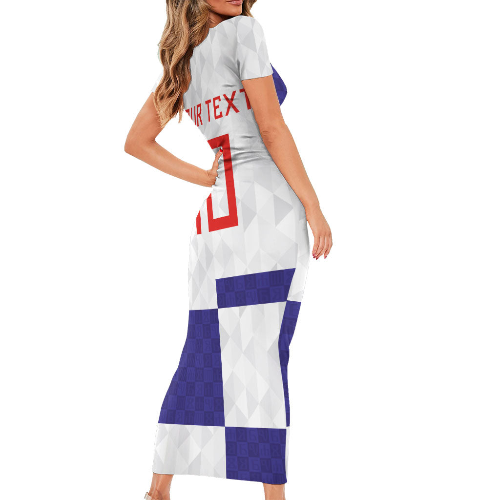 Croatia Football Custom Short Sleeve Bodycon Dress Checkerboard Pattern with Glagolitic Script Away Color
