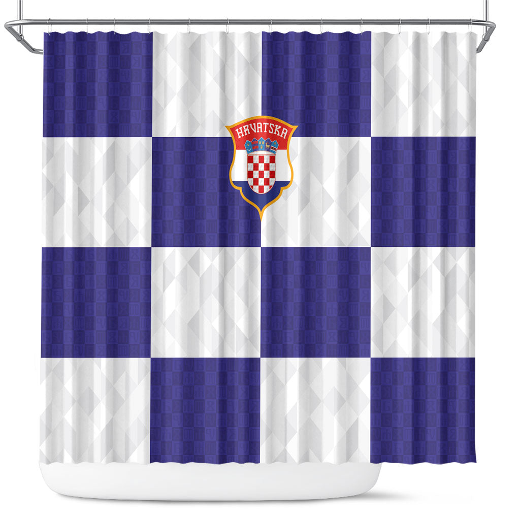 Croatia Football Shower Curtain Checkerboard Pattern with Glagolitic Script Away Color