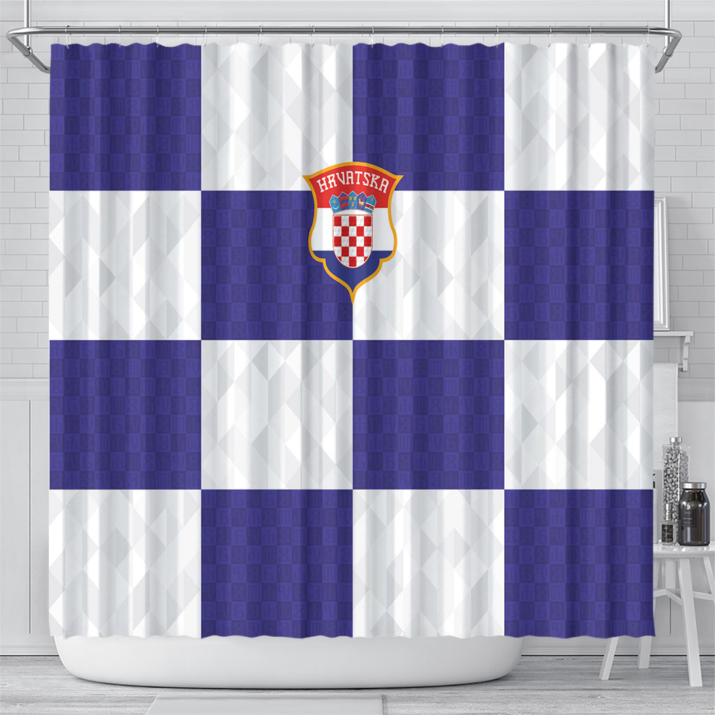 Croatia Football Shower Curtain Checkerboard Pattern with Glagolitic Script Away Color