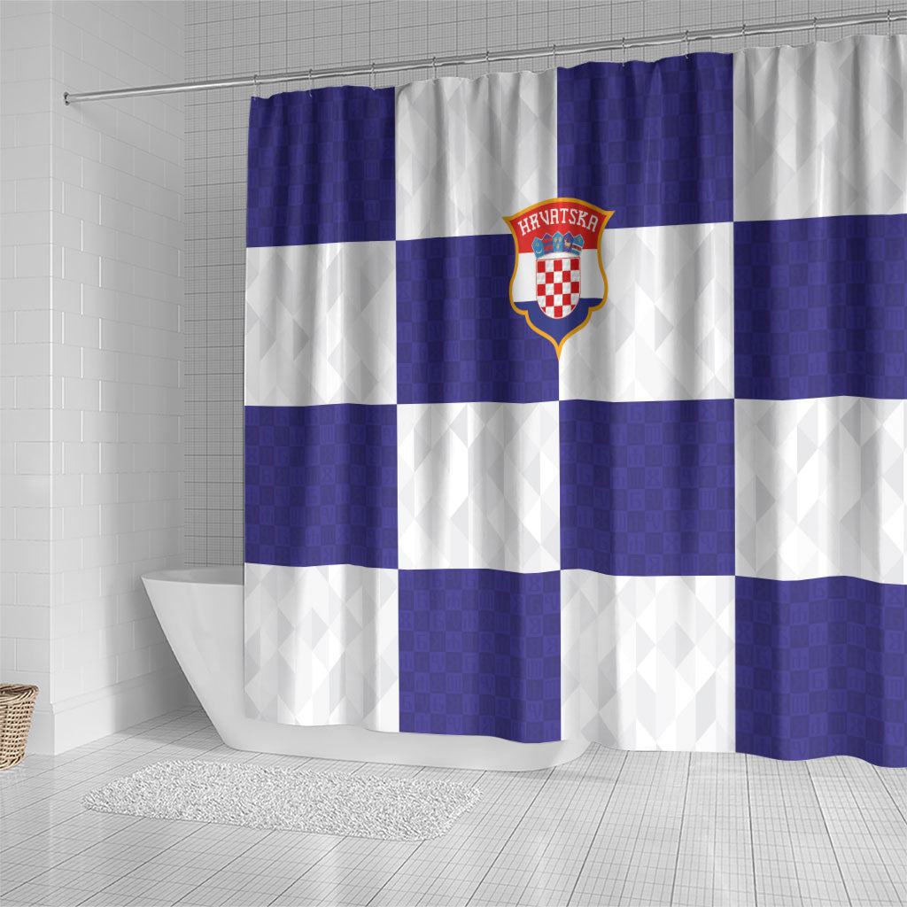 Croatia Football Shower Curtain Checkerboard Pattern with Glagolitic Script Away Color