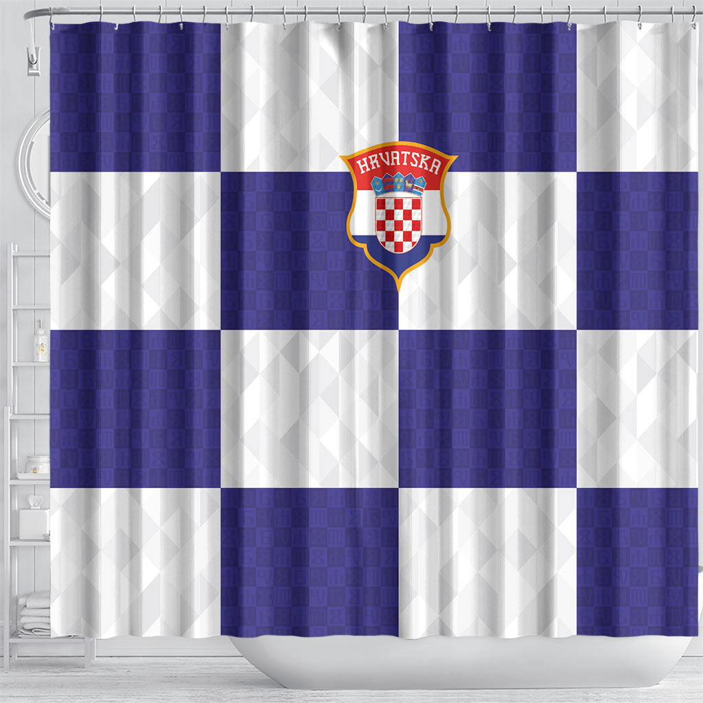 Croatia Football Shower Curtain Checkerboard Pattern with Glagolitic Script Away Color
