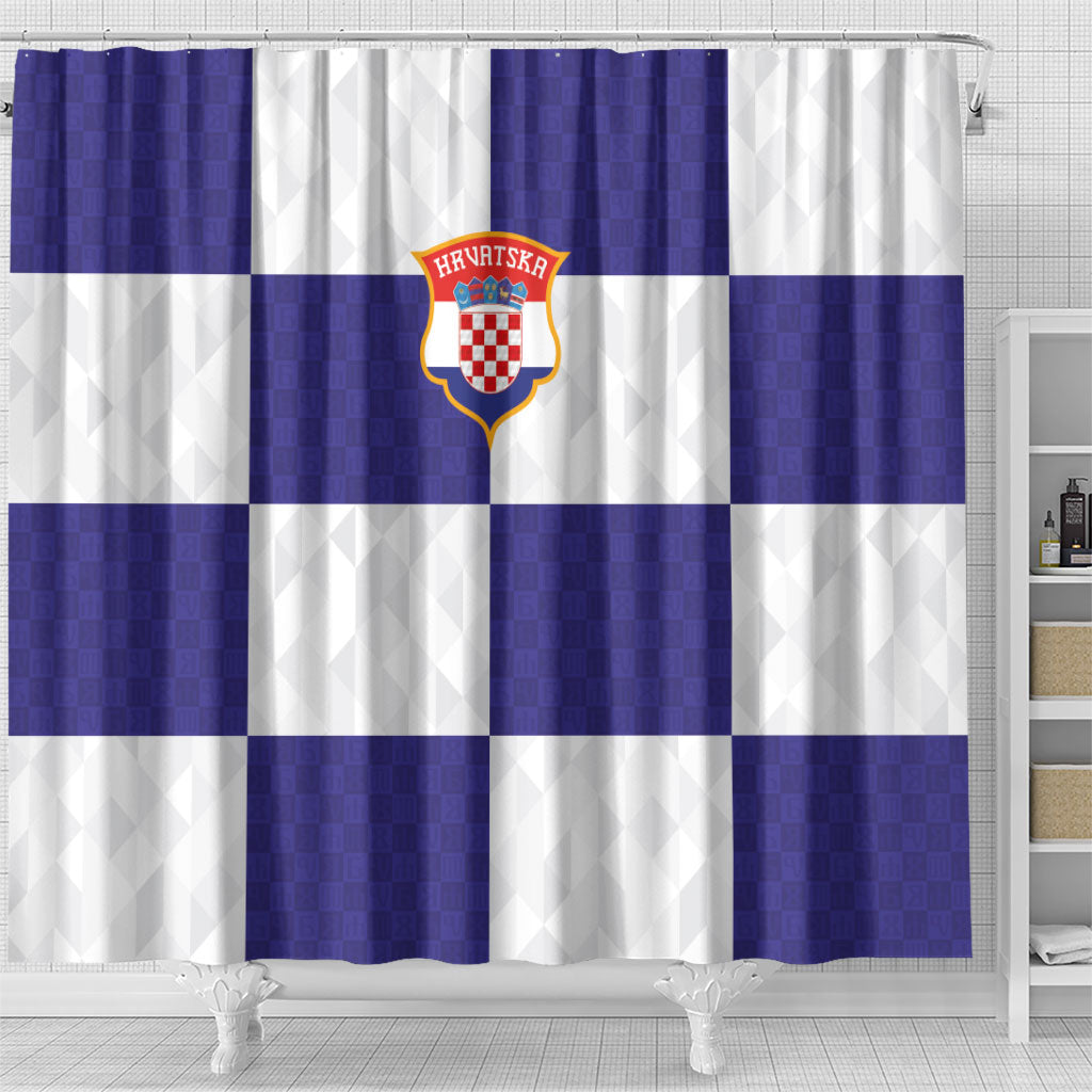 Croatia Football Shower Curtain Checkerboard Pattern with Glagolitic Script Away Color