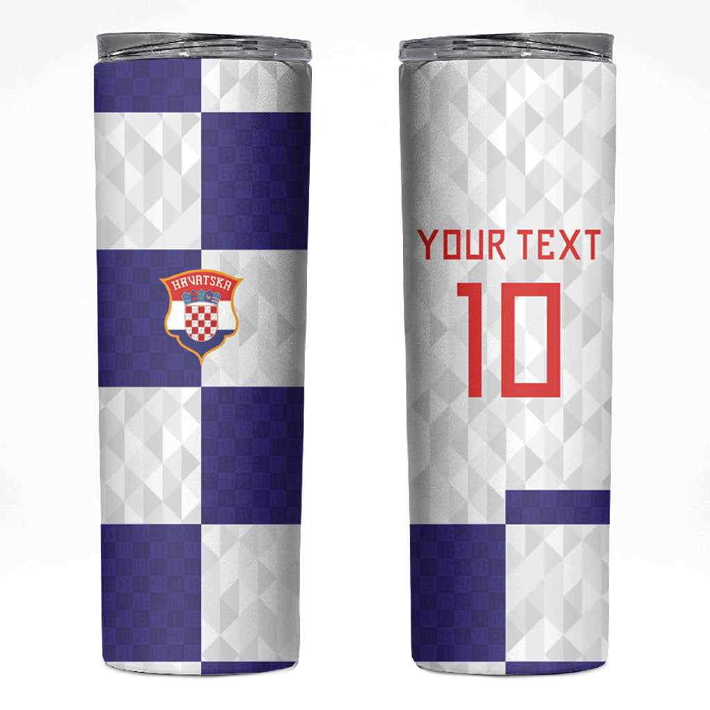 Croatia Football Custom Skinny Tumbler Checkerboard Pattern with Glagolitic Script Away Color