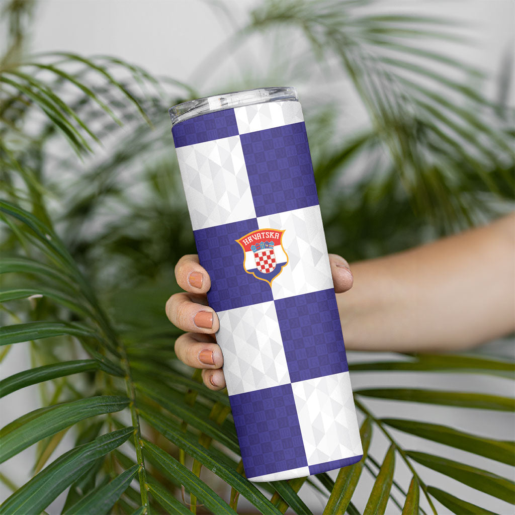 Croatia Football Custom Skinny Tumbler Checkerboard Pattern with Glagolitic Script Away Color