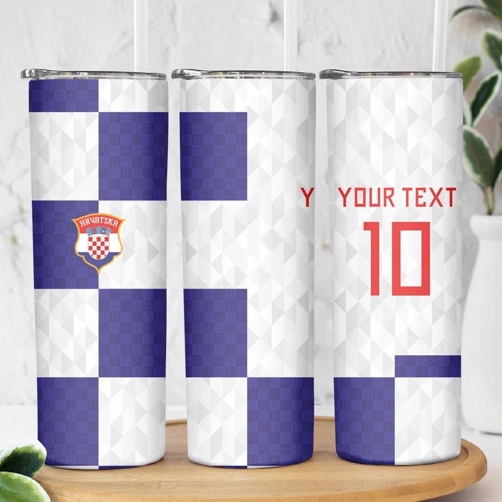 Croatia Football Custom Skinny Tumbler Checkerboard Pattern with Glagolitic Script Away Color