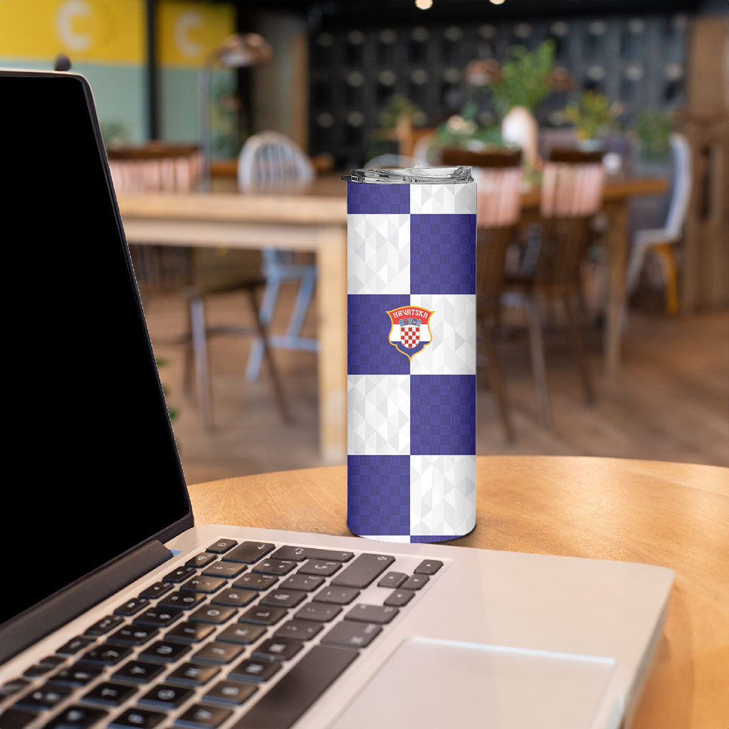 Croatia Football Custom Skinny Tumbler Checkerboard Pattern with Glagolitic Script Away Color