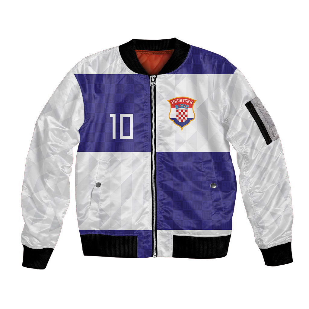 Croatia Football Custom Sleeve Zip Bomber Jacket Checkerboard Pattern with Glagolitic Script Away Color
