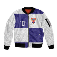 Croatia Football Custom Sleeve Zip Bomber Jacket Checkerboard Pattern with Glagolitic Script Away Color