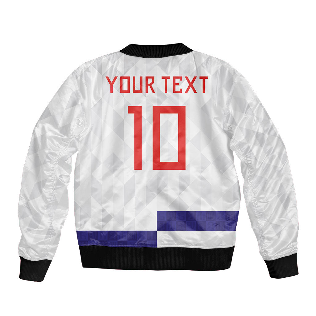 Croatia Football Custom Sleeve Zip Bomber Jacket Checkerboard Pattern with Glagolitic Script Away Color