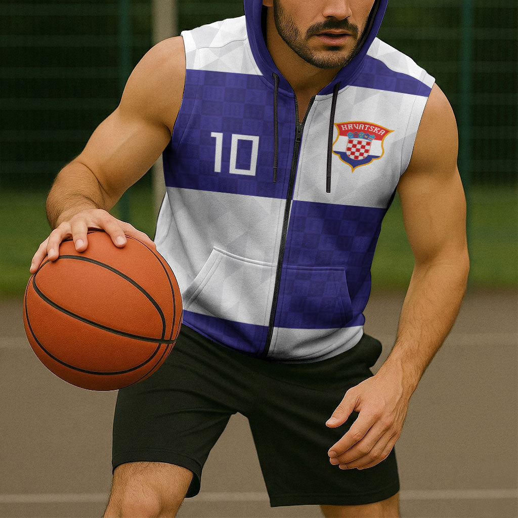 Croatia Football Custom Sleeveless Zip Hoodie Checkerboard Pattern with Glagolitic Script Away Color