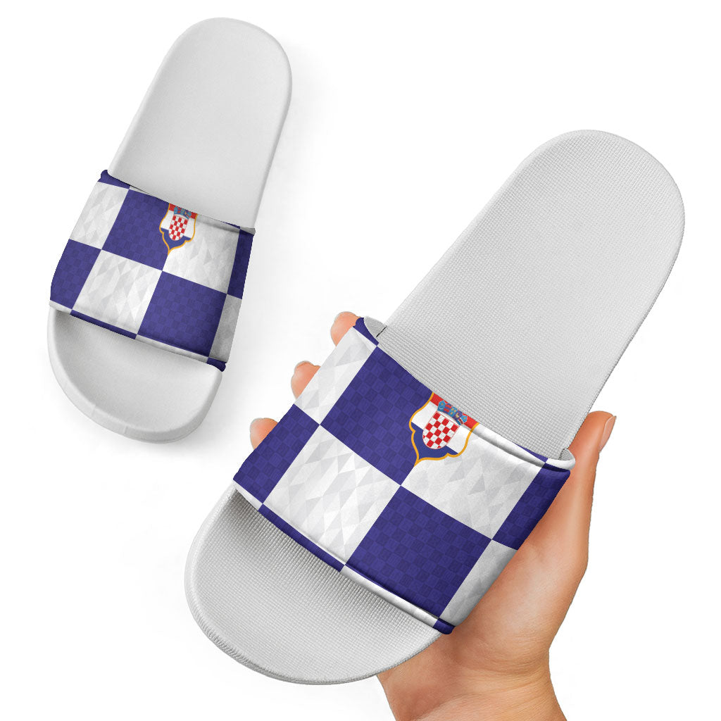 Croatia Football Slide Sandals Checkerboard Pattern with Glagolitic Script Away Color