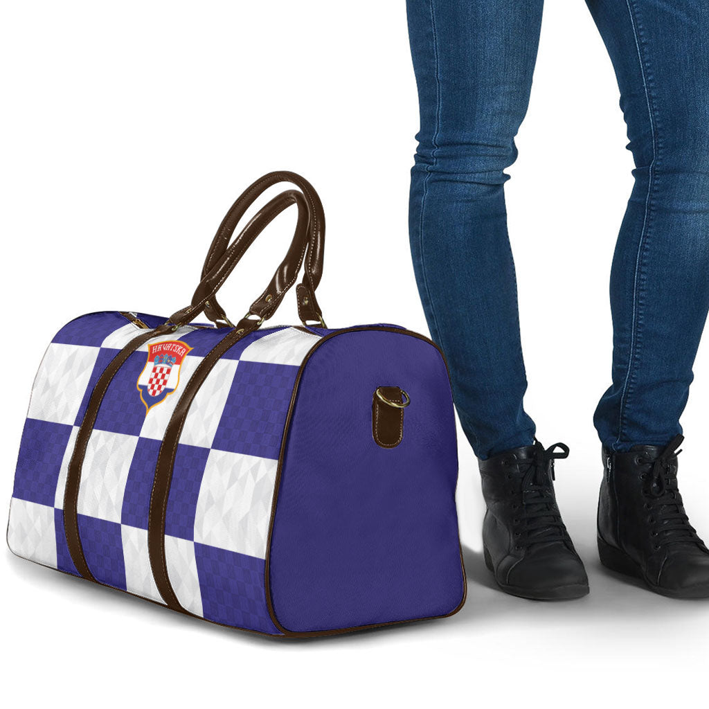 Croatia Football Travel Bag Checkerboard Pattern with Glagolitic Script Away Color