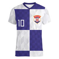 Croatia Football Custom Women V-Neck T-Shirt Checkerboard Pattern with Glagolitic Script Away Color