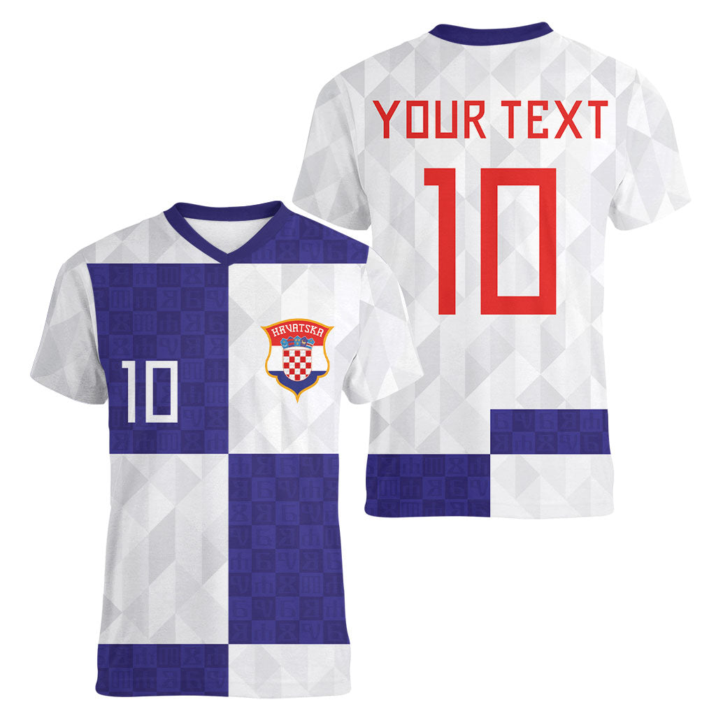 Croatia Football Custom Women V-Neck T-Shirt Checkerboard Pattern with Glagolitic Script Away Color