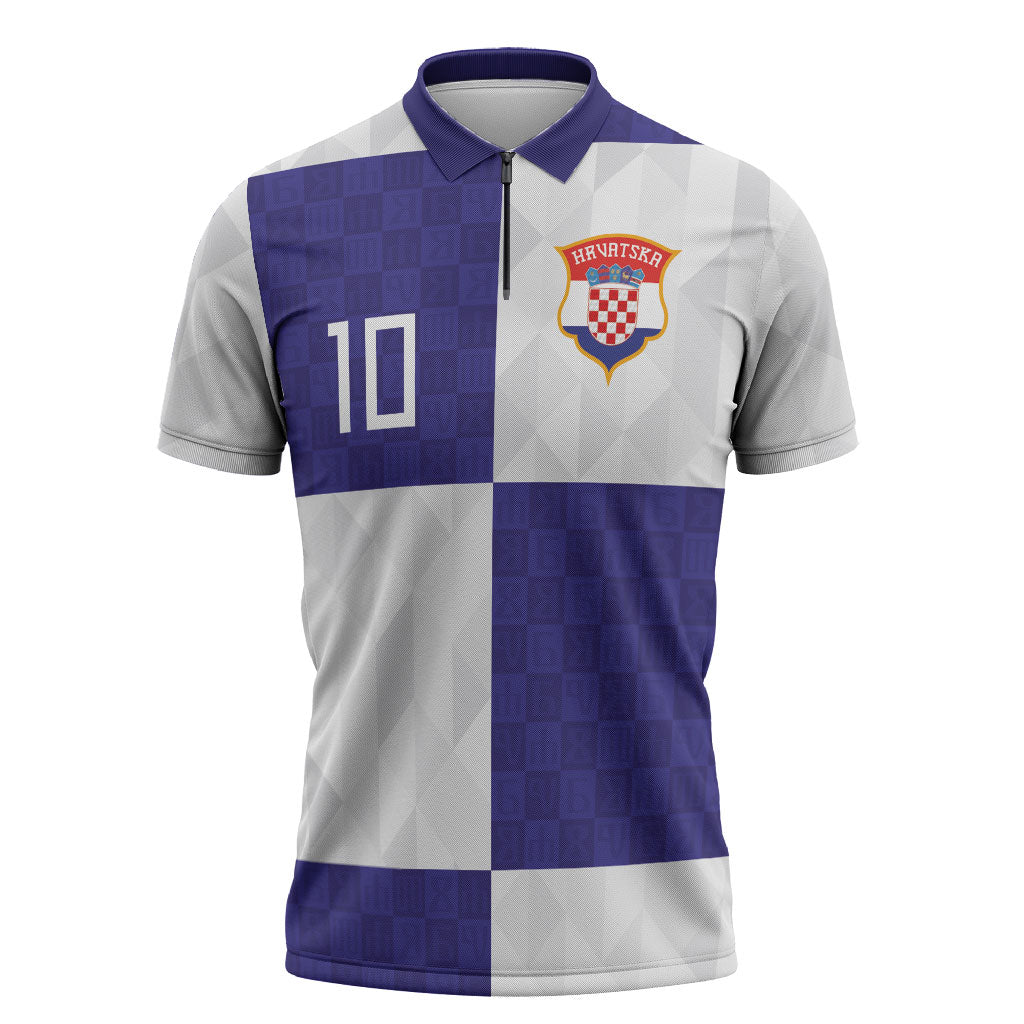 Croatia Football Custom Zipper Polo Shirt Checkerboard Pattern with Glagolitic Script Away Color
