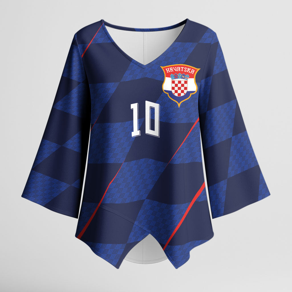 Croatia Football Custom Kimono Sleeve Blouse Glagolitic Script Checkerboard Sporty Style Away Color