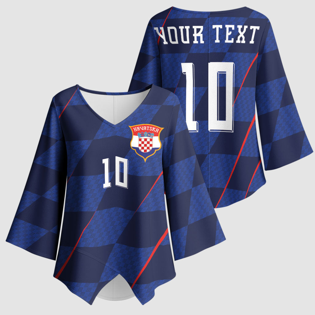 Croatia Football Custom Kimono Sleeve Blouse Glagolitic Script Checkerboard Sporty Style Away Color